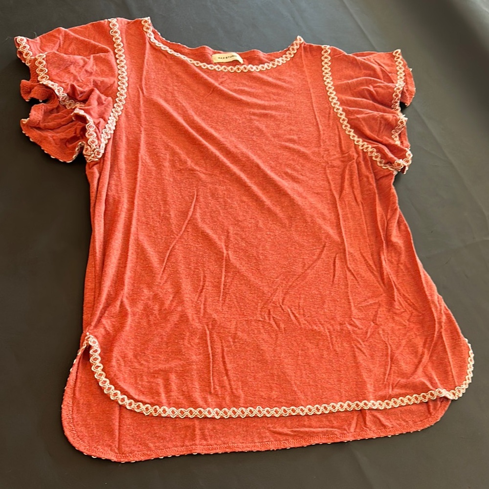 Max Studio Coral Short Sleeve Top with Ruffle Trim